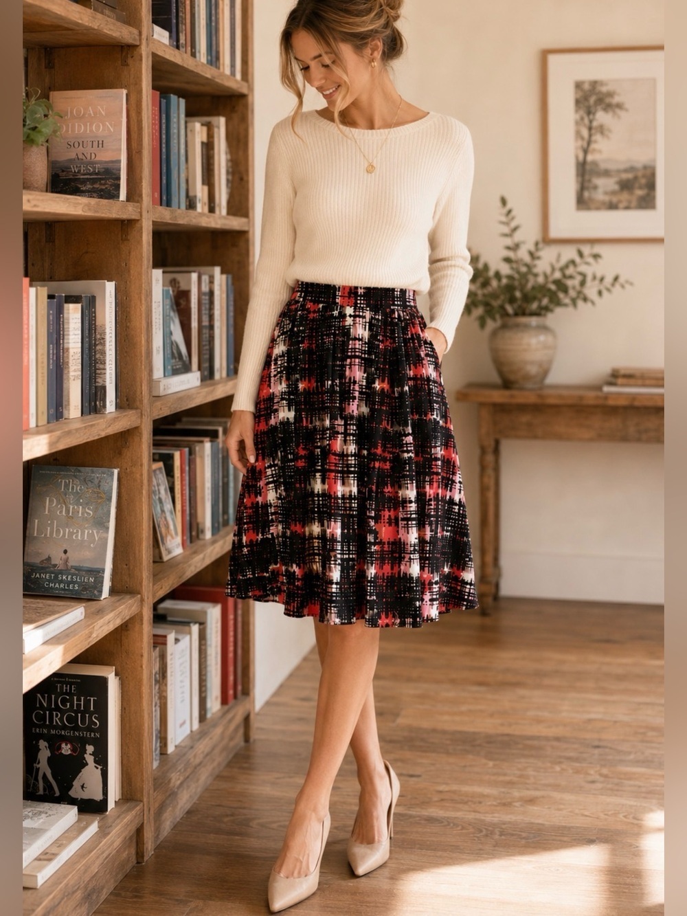 Anthropologie Fynn & Rose Pleated A-Line Midi Skirt Painterly Plaid Size 4